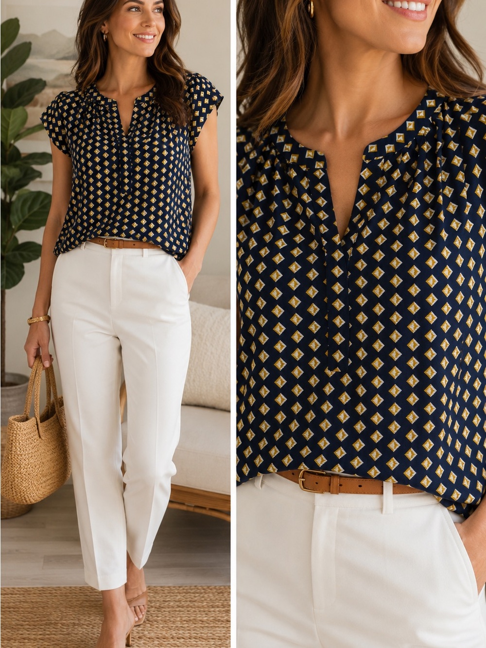 41 Hawthorn Navy Geometric Print Pleated Neck Blouse Top | Size S